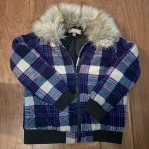 Girls purple blue Plaid Jacket with Faux Fur Hood